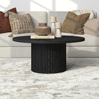 Henn&Hart 32" Fluted Round Wood Pedestal Low-Profile Coffee Table for Living Room, Family Room, Office, or Apartment, Black Grain