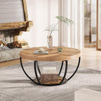 Tribesigns 31.7" Round Industrial Coffee Table with 2-Tier Storage Shelves, Modern Wood & Black Metal Accent Center Table for Living Room, Home Office – Easy Assembly