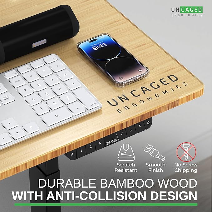 Uncaged Ergonomics Rise Up Electric Standing Desk Adjustable Height 24-49" Dual Motor One Piece 60x30 Bamboo Large Standing Table, Sit Stand Rising Desk Home Office