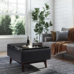 SIMPLIHOME Owen 34 inch Wide Mid Century Modern Rectangle Tray Top Small Coffee Table Storage Ottoman in Distressed Black Vegan Faux Leather, Assembled, for the Living Room, Entryway and Family Room