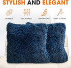 Cheer Collection Throw Pillows for Couch and Bed, Soft Shaggy Throw Pillows with Inserts Included, Cozy Long Hair Faux Fur Pillows - Set of 2-22" x 22" Navy