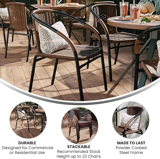 EMMA + OLIVER Set of 2 Modern Rattan Indoor/Outdoor Stack Chairs, Stacking Rattan Patio Chairs with Curved Back and Cross Bracing, Brown