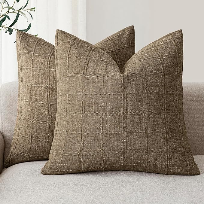 Foindtower Set of 2 Decorative Linen Check Throw Pillow Covers Neutral Farmhouse Vintage Cushion Covers Modern Boho Home Decor for Sofa Chair Couch Bedroom Living Room,18×18 Inch,Light Brown