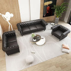 2 Piece Living Room Sofa Set, 3 Seater Faux Leather Sofa Couch and Chair Set, Mid Century Modern Upholstered Couch with Cushions, Vintage Comfy Tufted Chesterfield Couches for Bedroom, Office (Black)