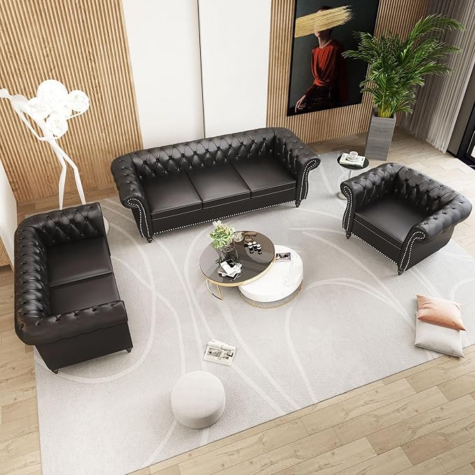 2 Piece Living Room Sofa Set, 3 Seater Faux Leather Sofa Couch and Chair Set, Mid Century Modern Upholstered Couch with Cushions, Vintage Comfy Tufted Chesterfield Couches for Bedroom, Office (Black)