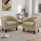 Pia Ricco Faux Leather Barrel Accent Chair, Modern Club Arm Chair Comfy Upholstered Single Sofa Chair with Solid Wood Legs and Nailhead Trim for Living Room/Reading Room, Beige