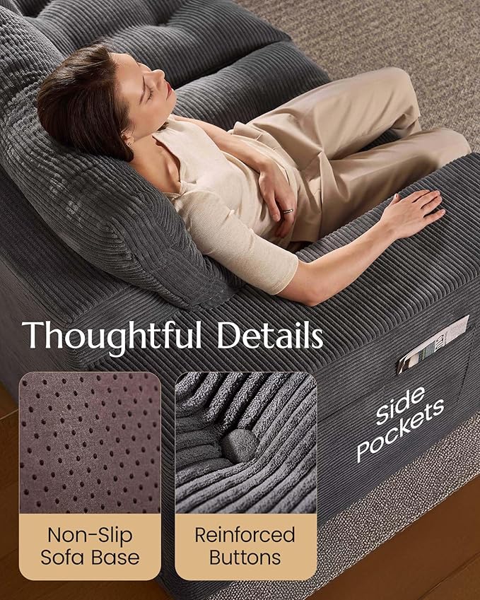 High Back Boneless Couch, L-Shaped Cloud Couch with Versatile 2-Pack Pillow Blankets, Corduroy Modular Sectional Sofa with Ottoman, No Assemble Sectional Couches for Living Room, Dark Grey