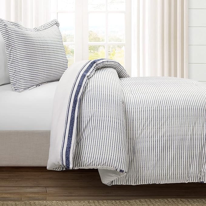 Lush Decor Farmhouse Stripe Reversible Cotton Comforter Set, 2-Piece, Twin XL Navy - Twin Bedding Set - Dorm Decor - Striped Comforter for Farmhouse Bedroom Decor