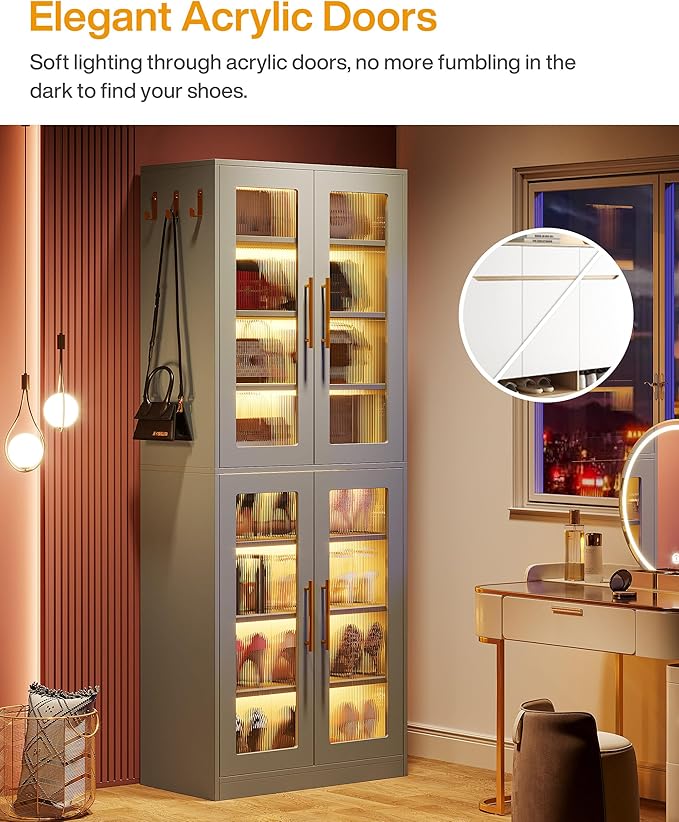 Tribesigns Tall Shoe Cabinet with Acrylic Doors and LED Lights, 8-Tier Entryway Shoe Organizer Storage Rack with Adjustable Shelves and Hanging Hooks for Narrow Closet, Hallway, Living Room, Gray