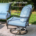 4 Piece Metal Outdoor Patio Furniture Set, Patio Conversation Sets 1 3-seater Sofa, 2 Swivel Chair with 5.75" Extra Thick Cushion and Coffee Table, Black Frame Backyard Furniture, Blue