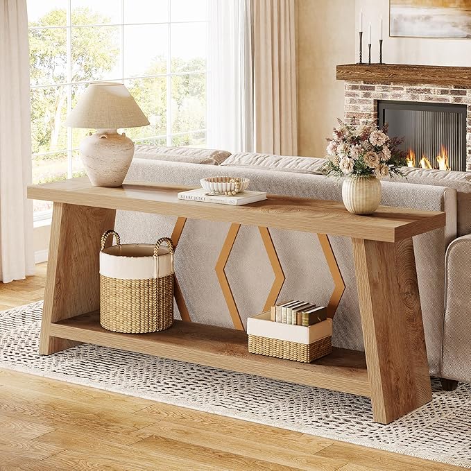 Tribesigns 70.86-Inch Extra Long Console Table for Living Room, 2-Tier Sofa Table Behind Couch with Storage, Wooden Console for Entryway Hallway, Light Oak Brown