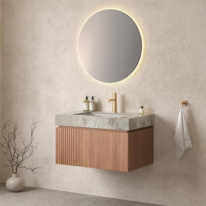 Bathroom Vanity with Sink 30 Inch, Floating Bathroom Vanity Sink Cabinet with Drawer and Door, Undermount Sink & Light Gray Sintered Stone Top, Pre-Assembled, Espresso