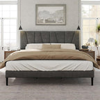Full Size Bed Frame with Fabric Upholstered Headboard, Platform Bed with Wooden Slats Support, Fully Mattress Foundation, Box Spring Optional, Easy Assembly