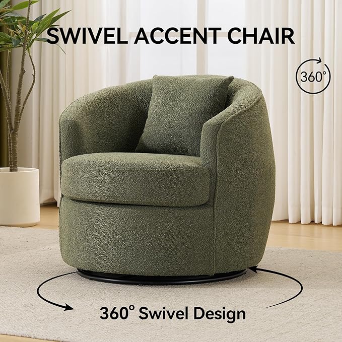 Swivel Accent Chair, Modern Upholstered Boucle Barrel Arm Chairs with Pillow for Living Room, 360 Degree Round Swivel Sherpa Armchair with Round Base for Bedroom Club (1, Green)