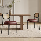 Rattan Dining Chairs Set of 2, Wine Leather Upholstered Dining Chairs with Rattan Cane Back, Mid Century Modern Dining Room Chairs with Black Metal Legs & D-Shaped Thicken Cushion, Wine