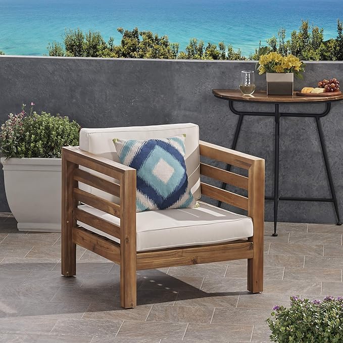 Great Deal Furniture Louise Outdoor Acacia Wood Club Chair with Cushion, Teak Finish and Beige