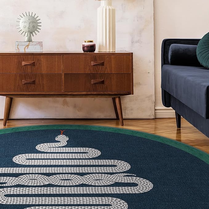 RUGGABLE x Jonathan Adler Machine Washable Modern Area Rug – Venom Sapphire 6 ft Round, Stain-Resistant, Non-Slip – Medium Rugs for Living Room, Bedroom, Hallway, Entryway & Office–with Standard Pad