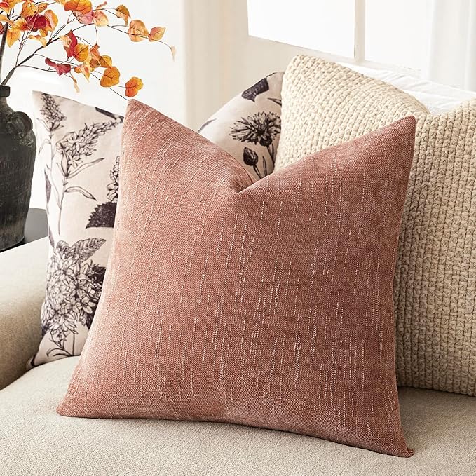 Foindtower Pack of 2 Textured Chenille Throw Decorative Pillow Covers Square Accent Solid Cushion Cover Neutral Farmhouse Pillow Case for Couch Sofa Bedroom Living Room 24x24 Inch,Dusty Pink