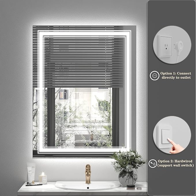 24x36 LED Bathroom Mirror with Lights, LED Dimmable Vanity Mirror for Wall, Backlit and Front Lighted Mirror, Anti-Fog, Shatterproof (Horizontal/Vertical)