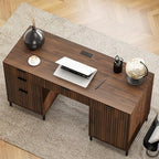 Modern Fluted Executive Desk with File Drawer, 55" Large Computer Desk with Storage and Charging Station, Wooden Home Office Desk for Workspace, Writing, Study, Brown