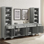 Crosley Furniture Tara 3-Piece Modern Farmhouse Sideboard Buffet Cabinet and Bookcase Set with Storage, Distressed Gray