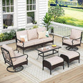 MFSTUDIO 6 PCS Outdoor Patio Furniture Set, Metal Outdoor Conversation Set, Rattan Wicker Patio Sectional Sofa Set with 2 x Swivel Single Sofa, 3-Seat Sofa, 2 x Ottoman, 1 x Coffee Table, Beige