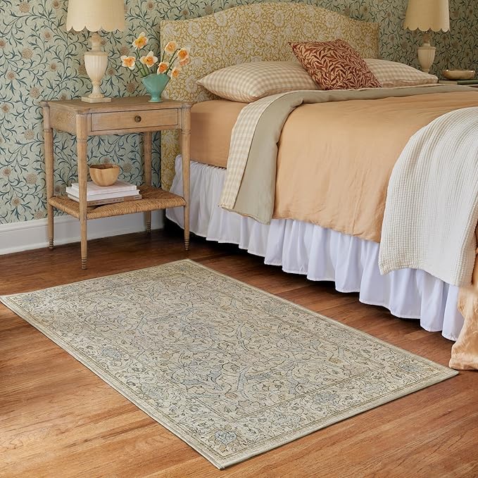 RUGGABLE x Morris & Co Washable Area Rug – Montreal Natural Blue 4x6, Stain-Resistant, Non-Slip – Medium Machine Washable Rugs for Living Room, Bedroom, Hallway, Entryway & Office–with Standard Pad