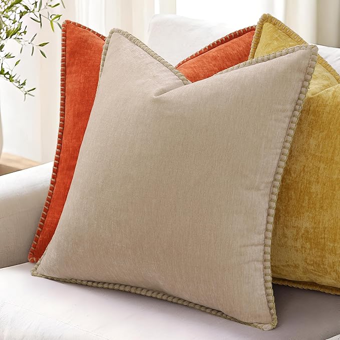 decorUhome Chenille Soft Throw Pillow Covers 26x26 Set of 2, Farmhouse Velvet Neutral Decorative Euro Pillow Covers with Stitched Edge for Couch Sofa Bed Home Decor, Beige