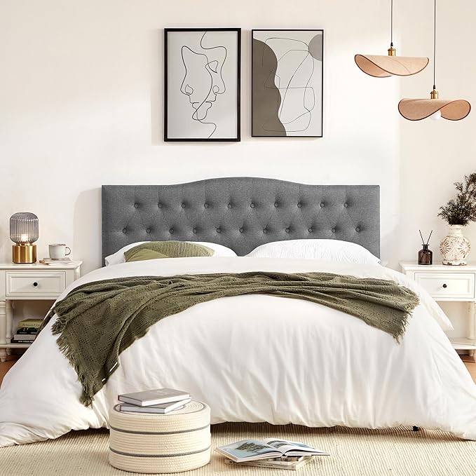Tufted Upholstered Headboard Twin Size, Sturdy and Durable Solid Wood Twin XL headboard, Fabric Headboard Adjustable Height from 37” to 51”, Modern Button Diamond Design Head Board, Grey