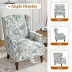 Floral Wingback Accent Chair Set of 2, High Back Upholstered Armchair, Comfy Fabric Wingback Arms Chairs with Retro Solid Wood Legs, Single Sofa Reading Chair for Bedroom Living Room, Plants Blue