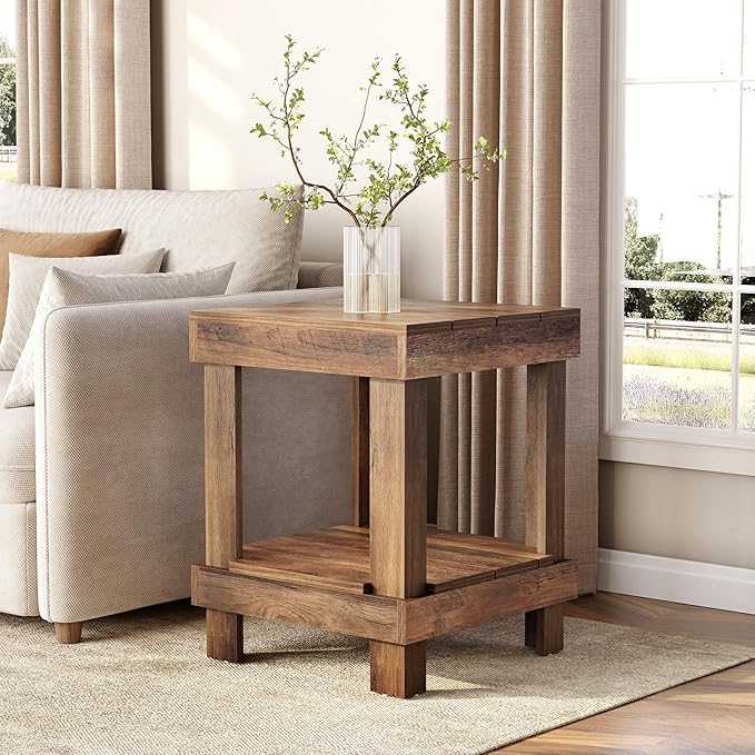 LITTLE TREE 2-Tier End Table, All Wooden Square Side Table with 2 Storage Shelves, Farmhouse Chairside Table Side End Table for Living Room, Small Bedside Table Nightstand for Bedroom, Natural Color