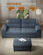 88.97" L Shaped Sectional Couches for Living Room, Deep Seat Sofa with Big Storage Ottoman & 8”Cushion, Comfy 2-Seater Chenille Loveseat, Convertible Armrest, Removable Cover for Small Space(Blue)