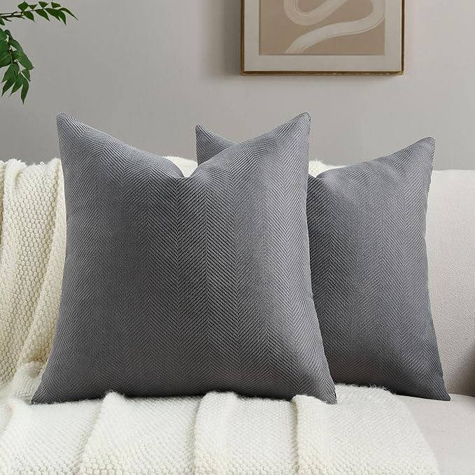 FUTEI Dark Grey Chenille Throw Pillow Covers 18x18 Inch Set of 2,Soft Wide Chevron Textured Cushion Case,Farmhouse Home Decor for Couch Bed Living Room
