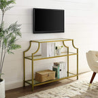 Crosley Furniture Aimee Sofa Console Table with Storage Shelves for Hall, Entryway, or Living Room, Gold and Glass