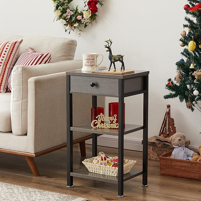 VECELO Tall End Table Set of 2,Nightstand with Drawer and Adjustable Storage Shelf,27.6 inch Side Table for Living Room/Bedroom/Entryway Small Spaces