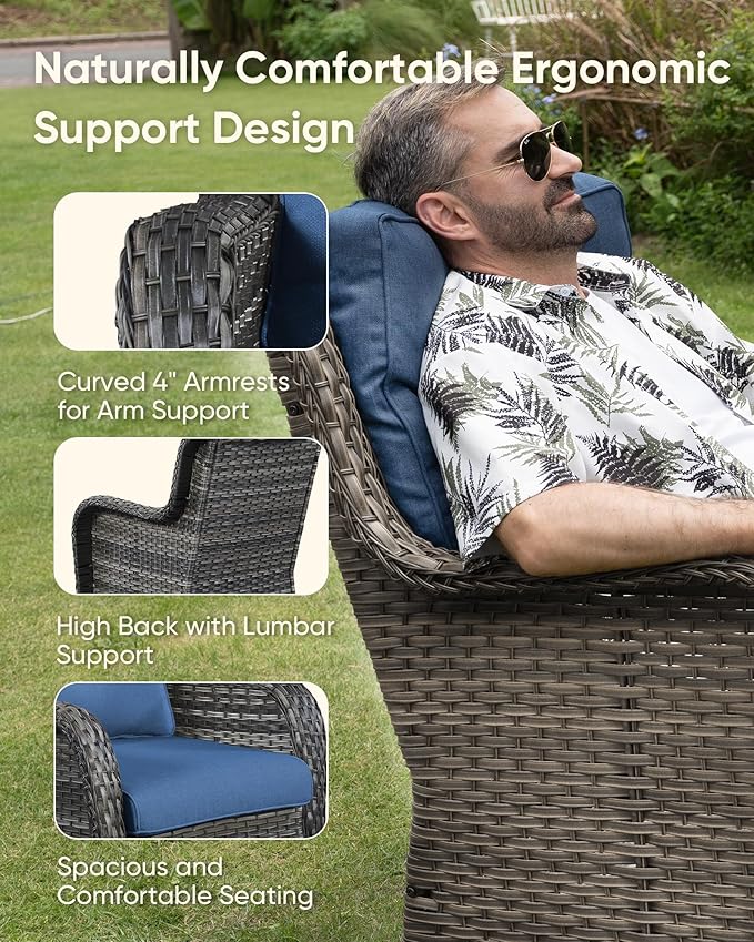 HUMMUH High Back Outdoor Swivel Rocker Patio Chairs Set of 2 with 5-Inch Thick Cushions, All-Weather Wicker Patio Furniture for Porch,Poolside, Deck, and Yard (with Cover)