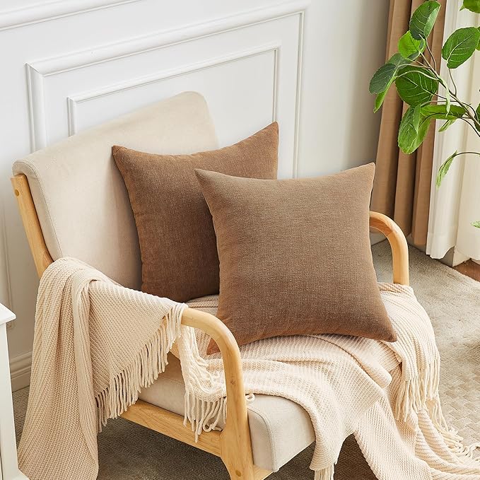 GAWAMAY Decorative Square Throw Pillow Covers 20"x20" Inch Set of 2, Super Soft Chenille Pillows Farmhouse Fall Pillowcase for Living Room Bedroom Sofa Couch Cushion Cover Brown 50x50cm (No Inserts)