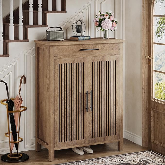 Tribesigns Shoe Cabinet, 5-Tier Shoe Storage Cabinet with Louvered Doors and Drawer, Freestanding Wooden Shoe Rack Organizer with Adjustable Shelves for Entryway, Hallway, Natural