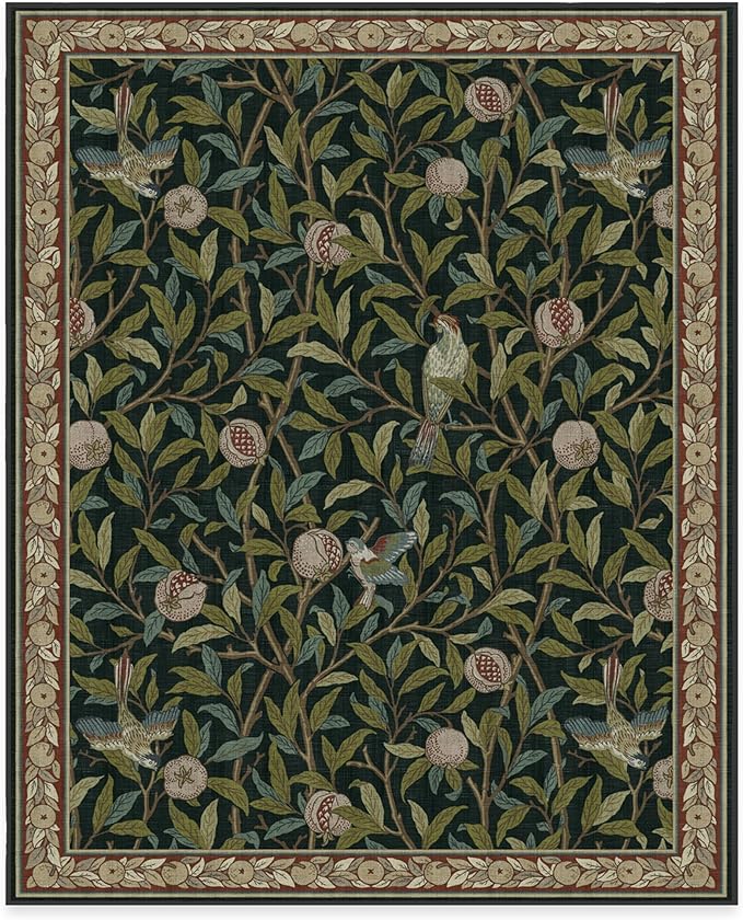 RUGGABLE x Morris & Co Washable Area Rug – Pomegranate Blue Green 8x10, Stain-Resistant, Non-Slip – Large Machine Washable Rugs for Living Room, Bedroom, Hallway, Entryway & Office–with Standard Pad