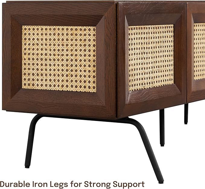 NTC Mossic TV Media Cabinet with 3 Doors for TVs, Entertainment Center with Natural Rattan, Metal Legs, Modern Storage Console for Living Room and Bedroom, Effortless Assembly, Dark Walnut