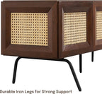 NTC Mossic TV Media Cabinet with 3 Doors for TVs, Entertainment Center with Natural Rattan, Metal Legs, Modern Storage Console for Living Room and Bedroom, Effortless Assembly, Dark Walnut