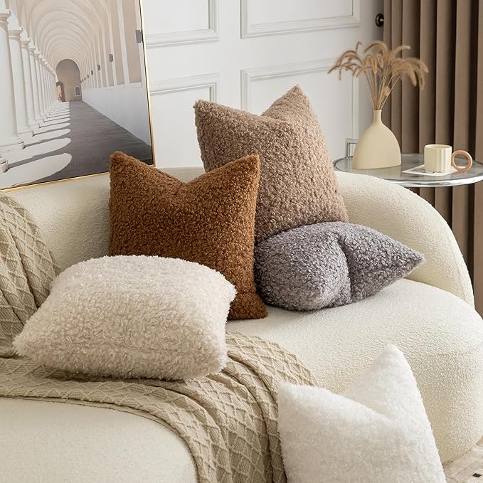 Pack of 2 Curly Teddy Wool Faux Fur Throw Pillow Covers Fuzzy Accent Soft Sherpa Pillowcases Sheepskin Fleece Decorative Cushion Case for Sofa Couch Living Room 20x20 Inch Khaki