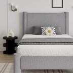 Twin Size Bed Frame, Boucle Upholstered Platform Bed with Headboard and Footboard, Soft Rounded Corners, No Box Spring Required, Easy Assembly, Light Grey