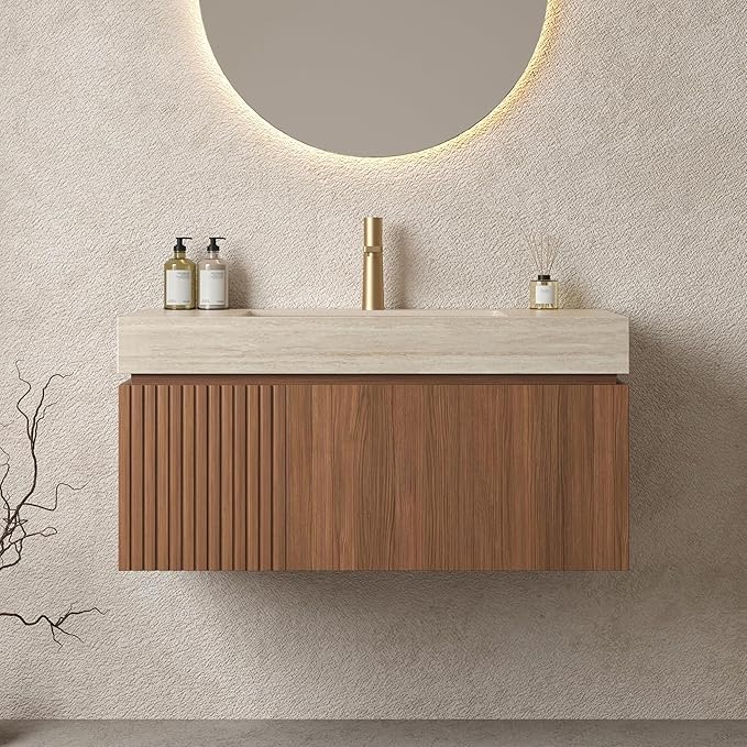 Bathroom Vanity with Sink 36 Inch, Floating Bathroom Vanity Sink Cabinet with Drawer and Door, Undermount Sink & Travertine-Pattern Sintered Stone Top, Pre-Assembled, Espresso