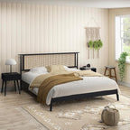 NTC Ruby Wooden Bed Frame with Headboard and Natural Rattan, Solid Oak Foundation with Silent Slats, 1000 Lb Capacity, Effortless Assembly, Queen - Burnt Black