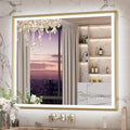 Keonjinn 42” x 36” LED Bathroom Mirror with Frontlit & Backlit, Gold Metal Framed Beveled Edge Mirror for Wall, LED Mirror with Anti Fog, Stepless 3-Color Temperature, UL-Listed LED Driver