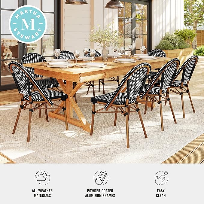Martha Stewart Lily Pond Indoor-Outdoor Stackable Aluminum Bistro Chair with Natural Woodgrain Frame Finish and Black/White Woven Rattan Backrest and Seat