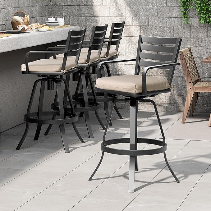 Pellebant 29.5" Sunbrella Outdoor Bar Stools Set of 2, Aluminum Swivel Patio Bar Height Bar Stools with Back & Footrest, Rust-Proof High Barstools for Deck Lawn Garden, Beige