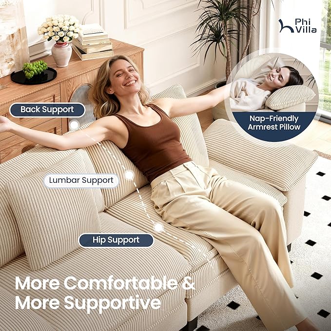 PHI VILLA Cloud Modular Couches Sets, 87.5" Sectional Loveseat Sofa with 1 Movable Ottoman, 3-Seater Comfy Couches for Living Room Apartment, Chenille & Corduroy Dual Fabric, Beige