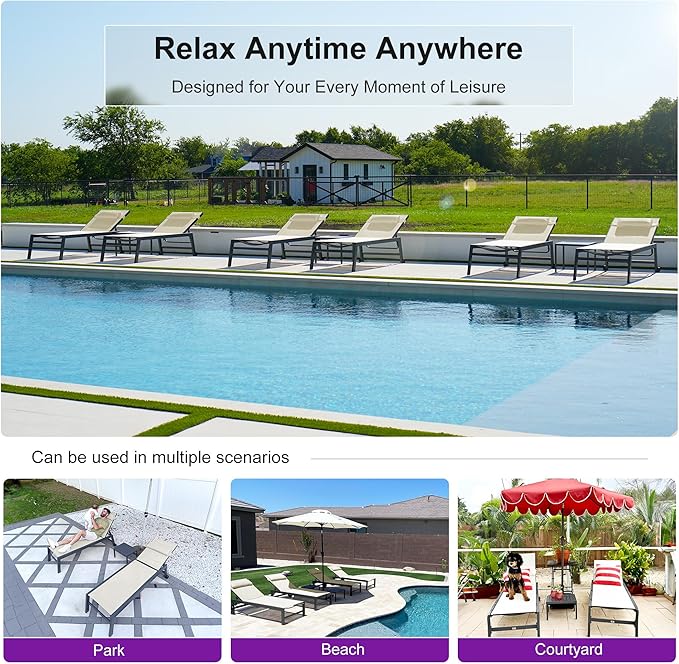 PURPLE LEAF Patio Lounge Chair Set of 3 Outdoor Chaise Lounger Aluminum Frame with Side Table and Wheels for Pool Outside Sunbathing Tanning Recliner Including Pillows Beige